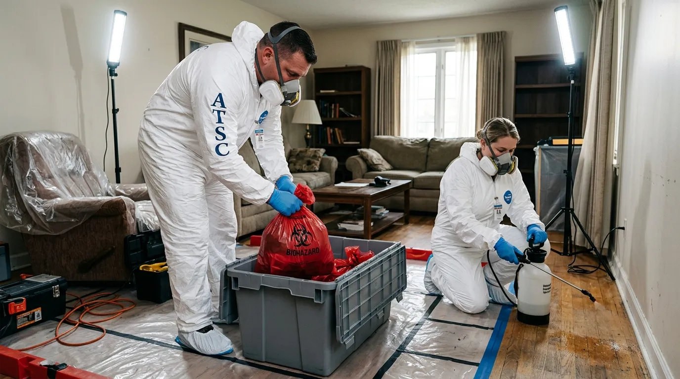 Professional Hazmat Cleanup technician in full PPE working in Gates-North Gates